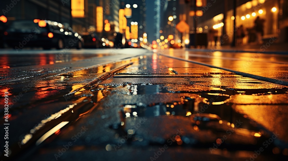  a city street with rain drops on the ground at night.  generative ai