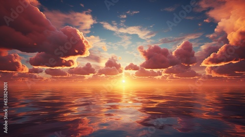  the sun is setting over the ocean with clouds in the sky.  generative ai © Jevjenijs