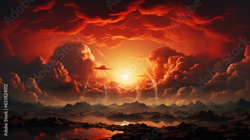  a painting of a sunset with a plane in the sky.  generative ai © Jevjenijs