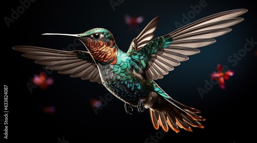  a colorful bird flying through the air with its wings spread.  generative ai © Jevjenijs