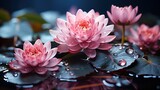  a group of pink flowers sitting on top of a pond.  generative ai