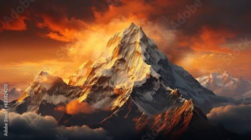  a painting of a mountain with a red sky in the background. generative ai