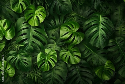 Monstera leaves background. Top view, flat lay, plants, monstera plant, green background, tropical forest plant 