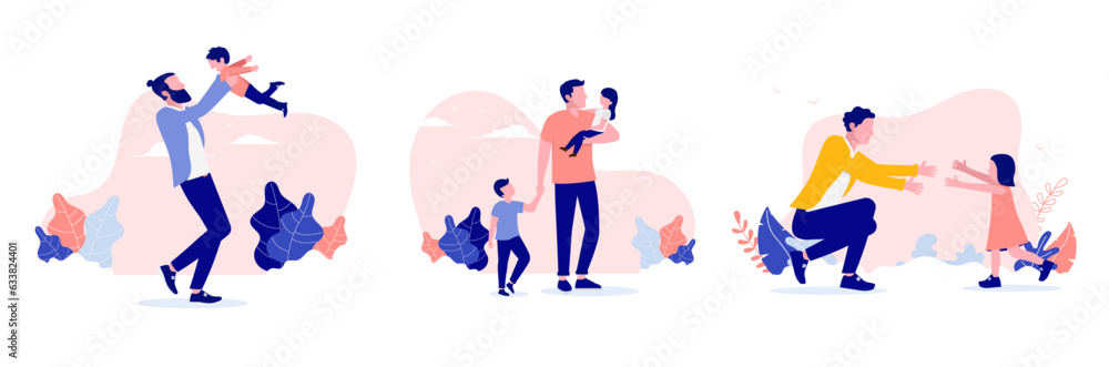 Father and child vector collection - Set of illustrations of fatherhood with man playing with children outdoors. Flat design with white background