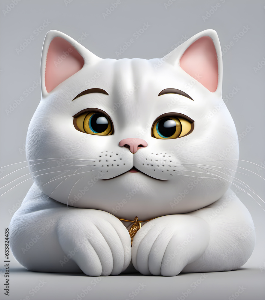Baby cat persuasive concept. 3d pictures cute fat cat with big eyes. lazy character cat Smiling bright and cheerful stretching arms. Generative AI, illustration