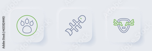 Set line Deer antlers on shield, Dead fish and Paw search icon. Vector