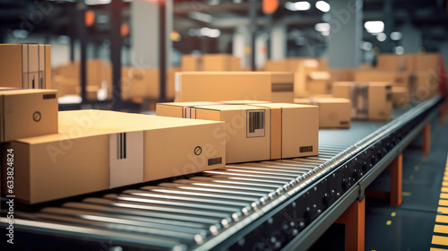 Warehouse Efficient E-Commerce: cardboard boxes on conveyor Belt Snapshot of Delivery, Automation, and Products in a Fulfillment Center