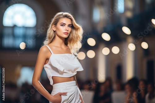 A model walking on a runway during a fashion show - Glamour and fashion industry - AI Generated