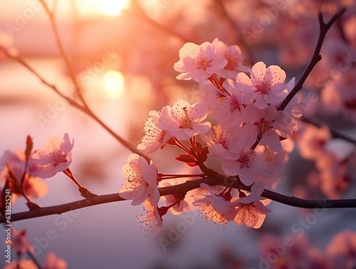 Cherry blossoms against a sunset background generative ai © tanjidvect