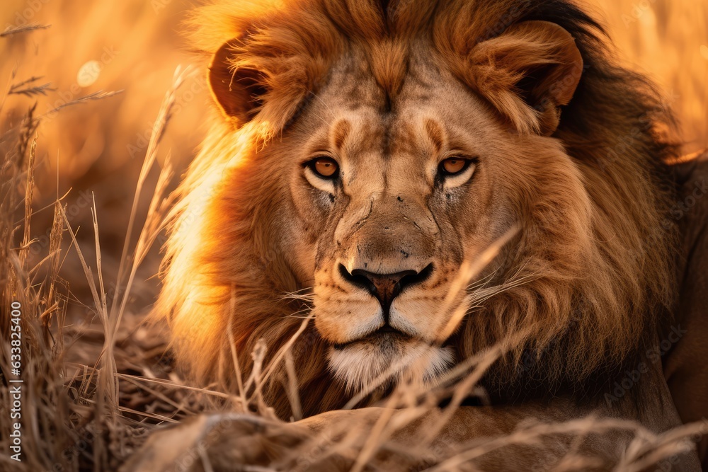 A lion resting in the grass - Wildlife and power - AI Generated