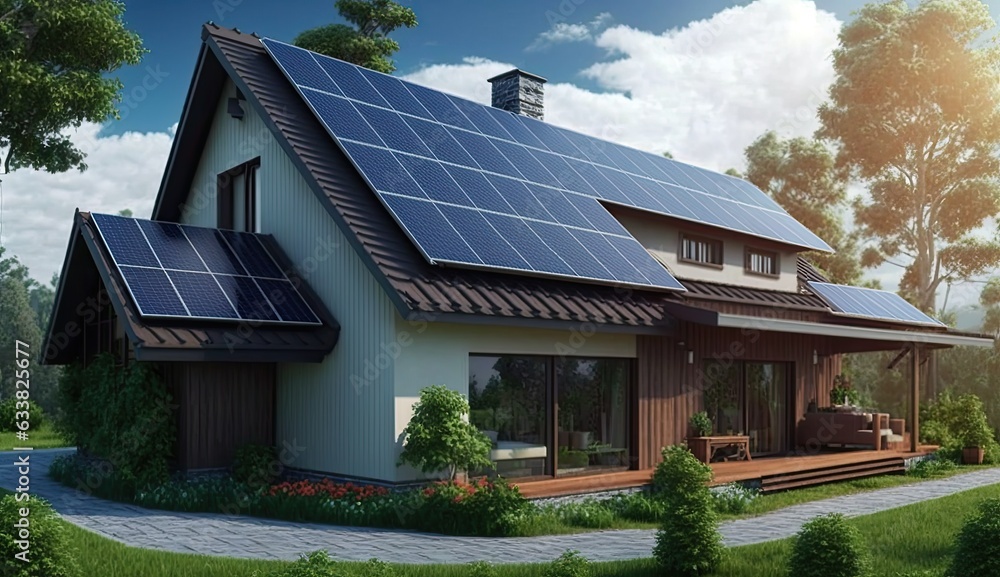 Solar panel on house roof top. Photovoltaic power supply systems. Solar power plant. The source of ecological renewable energy