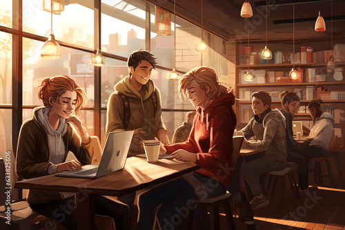 group of people working in a cafe, illustration, work, conversation, business, meeting, teamwork