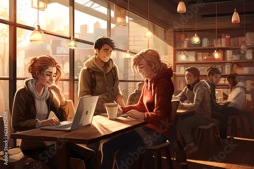 Wallpaper Mural group of people working in a cafe, illustration, work, conversation, business, meeting, teamwork Torontodigital.ca