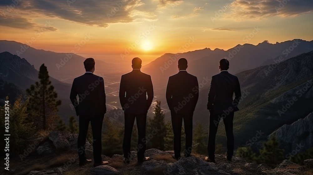 Silhouette of business team stand and feel happy on the most hight at the mountain on sunset, success, leader, teamwork, target, Aim, confident, achievement, goal, on plan, finish, generate by A