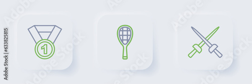 Set line Fencing, Tennis racket and Medal icon. Vector