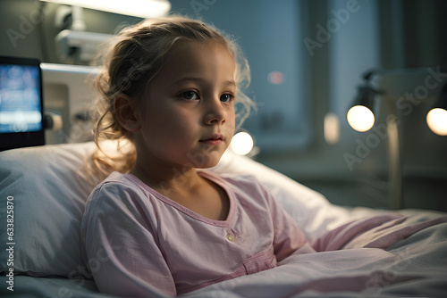 The girl is sitting on a hospital bed, covered with a blanket.