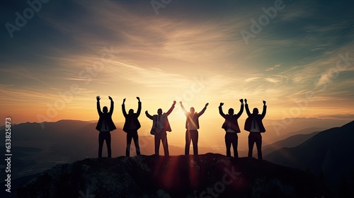 Silhouette of business team stand and feel happy on the most hight at the mountain on sunset, success, leader, teamwork, target, Aim, confident, achievement, goal, on plan, finish, generate by A