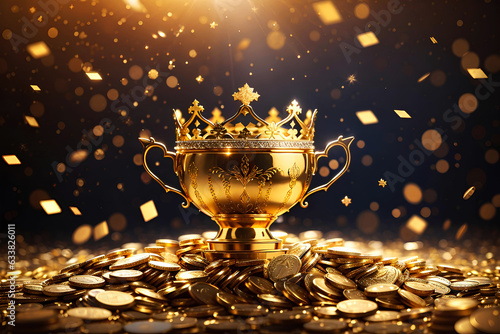 A golden cup with a crown standing on a golden place of coins. The concept of a winner, wealth and success.
