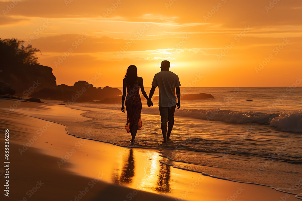 couple walking on beach at sunset