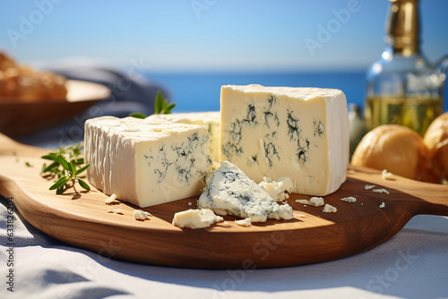 tasty and healthy blue cheese, gorgonzola or roquefort on a mediterranean background, created with generative ai