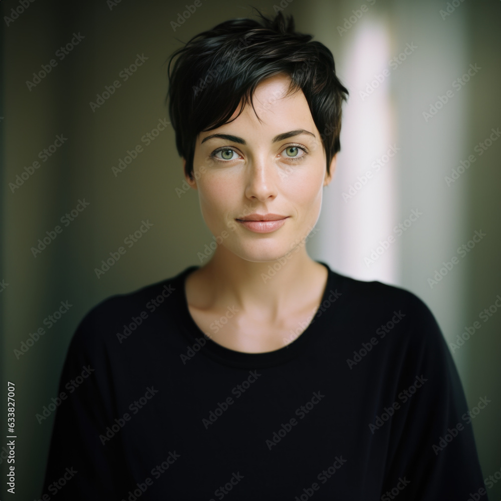 portrait de femme cheveux court yeux clairs entre 35 et 40 ans, léger sourire, regard pétillant et malicieux portrait de femme cheveux court yeux clairs entre 35 et 40 ans, léger sourire, regard pétillant et malicieux