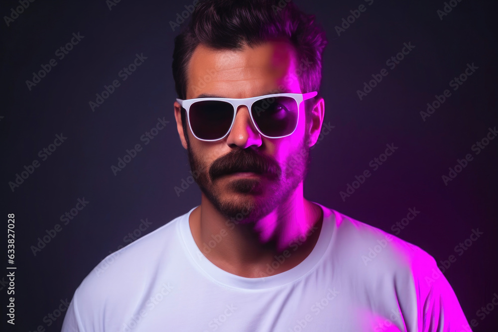 Neon-Lit Studio Portrait of a Bearded Model Neon-Lit Studio Portrait of a Bearded Model