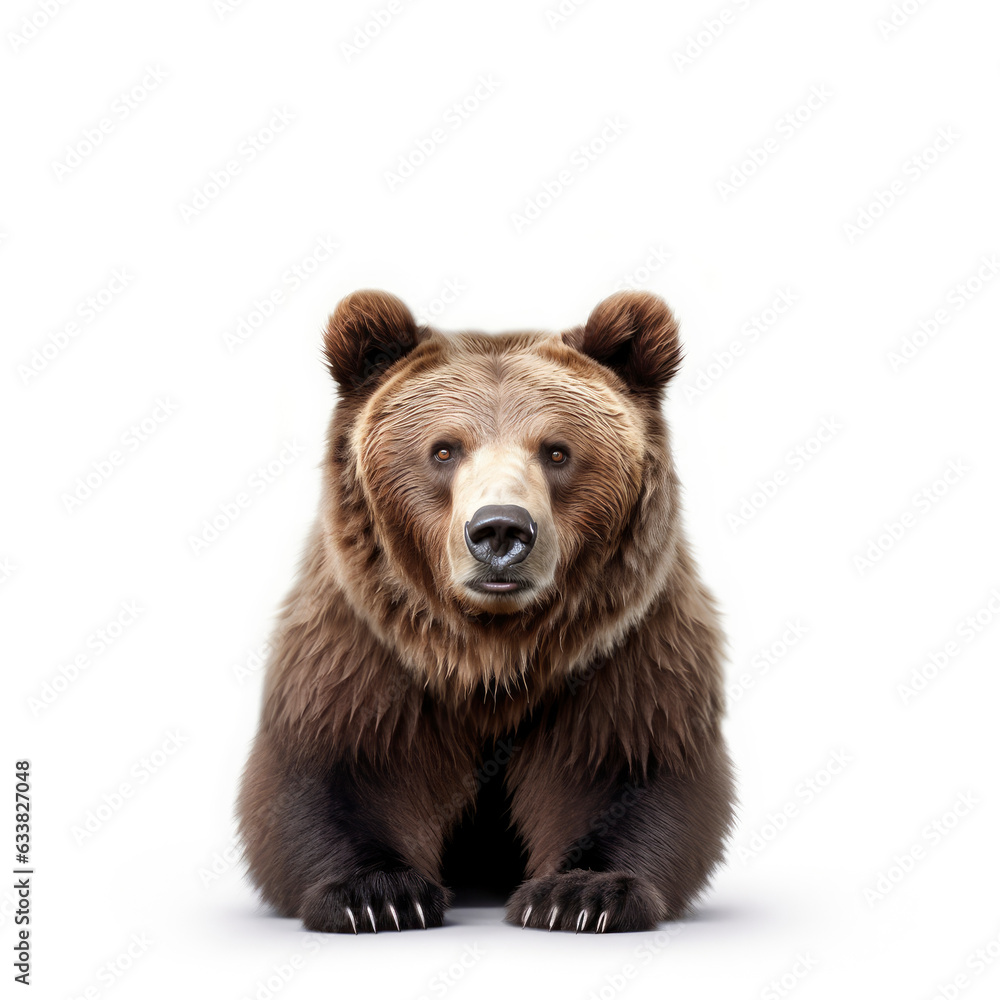 A majestic brown bear sitting on a snowy white floor A majestic brown bear sitting on a snowy white floor