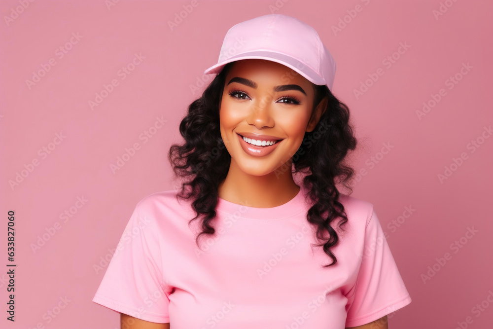 Young Black Woman in Cap Stands Proud on Vibrant Pink Young Black Woman in Cap Stands Proud on Vibrant Pink