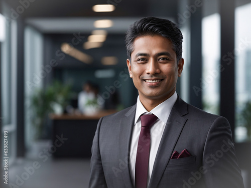 portrait of a handsome smiling asian indian businessman boss in a suit standing in his modern business company office. his workers standing in the blurry background. Generative AI