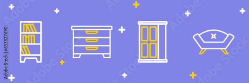 Set line Sofa, Wardrobe, Chest drawers and Lamp hanging icon. Vector