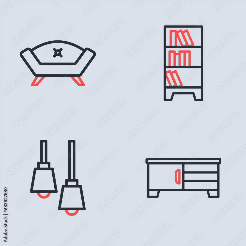 Set line Lamp hanging, Library bookshelf, TV table stand and Sofa icon. Vector