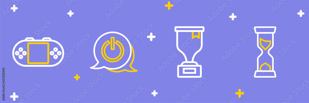 Set line Old hourglass, Award cup, Power button and Portable video game console icon. Vector Set line Old hourglass, Award cup, Power button and Portable video game console icon. Vector