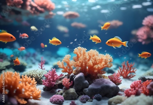 Beautiful underwater background design with colorful coral reef and cute fish on the bottom of the ocean 