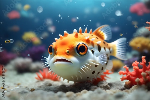 Closeup shot of colourful cute puffer fish on tho bottom of the ocean, background, banner 