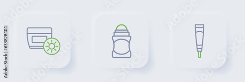 Set line Cream or lotion cosmetic tube, Deodorant roll and Sunscreen cream in icon. Vector