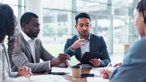 Wallpaper Mural Business people, manager meeting and tablet for teamwork, planning and feedback, financial proposal and sales. Professional group of accountant or employees talking of strategy on digital technology Torontodigital.ca