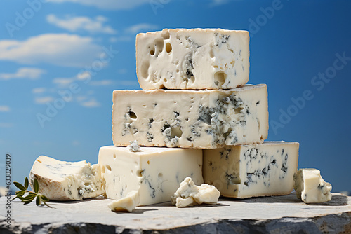 tasty and healthy blue cheese, gorgonzola or roquefort on a mediterranean background, created with generative ai