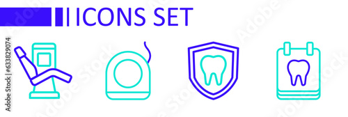 Set line Calendar with tooth, Dental protection, floss and Medical dental chair icon. Vector