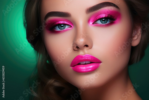 Ethereal Beauty: Pink Makeup Portrait on Green