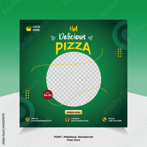 Fast food restaurant business marketing social media post or web banner template design with logo and icon. Fresh pizza, burger and pasta online sale promotion post banner, flyer or poster.