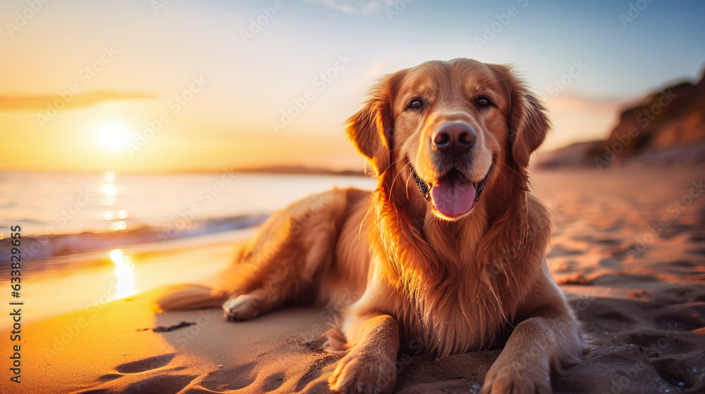 Cute adorable Golden retriever dog at sunny beach and seaside in summer during sunset. Digital illustration generative AI.