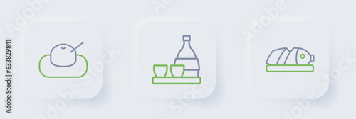 Set line Fish with sliced pieces, Bottle of sake and Mochi icon. Vector