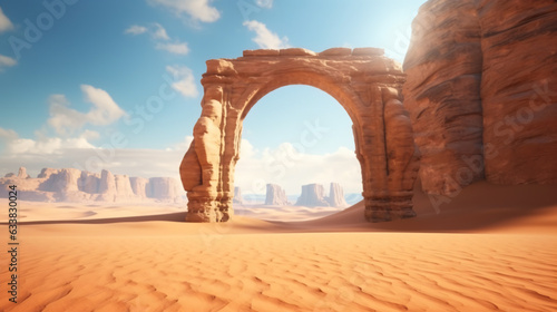 Ancient arch at the entrance to desert. View of sand