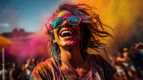 Smiling young woman covered in colorful dust at Holi fest, Generative Ai illustration