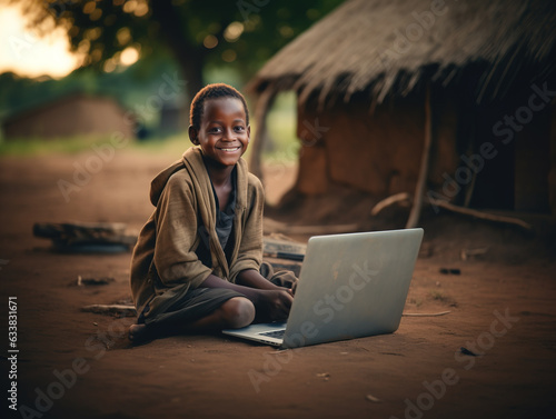 Happy african child with laptop in his village, Generative AI illustration photo