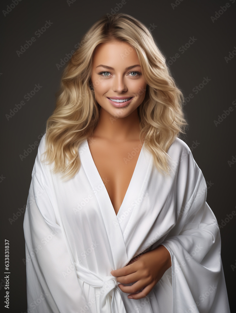 Stunning smiling blonde in white robe, Generative AI illustration Stunning smiling blonde in white robe, Generative AI illustration