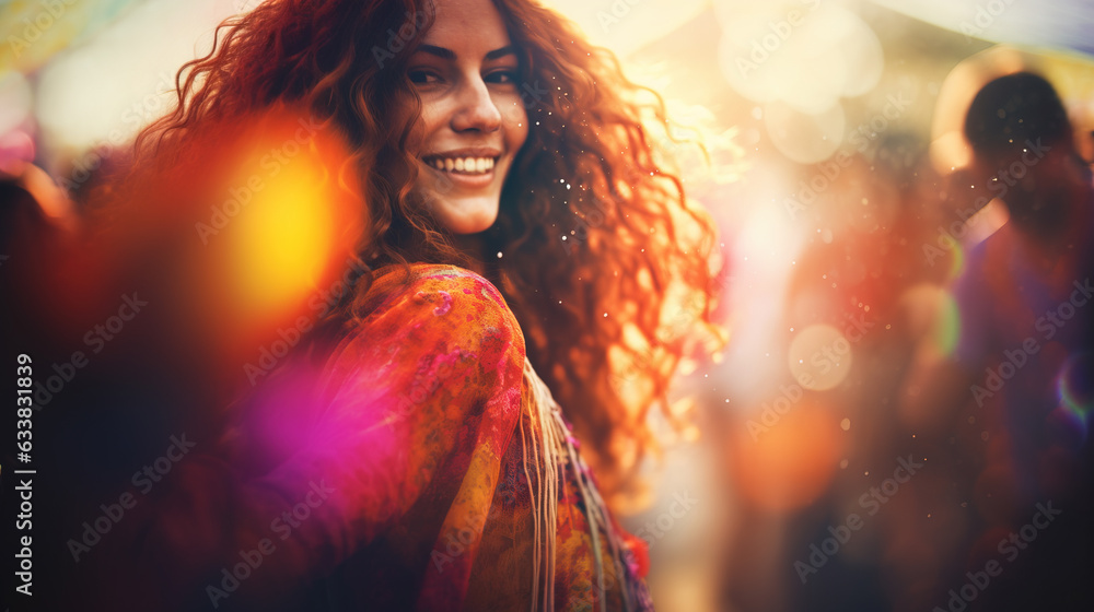 Shallow dof image of pretty woman having fun at music festival, Generative AI illustration Shallow dof image of pretty woman having fun at music festival, Generative AI illustration