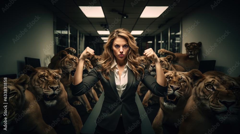 Lioness Leader concept, with fearless  woman in suit flexing  her arms, Generative AI illustration