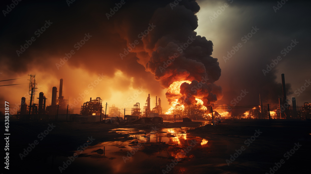 Burning oil refinery, Generative AI illustration