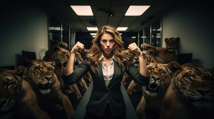 Lioness Leader concept, with fearless  woman in suit flexing  her arms, Generative AI illustration